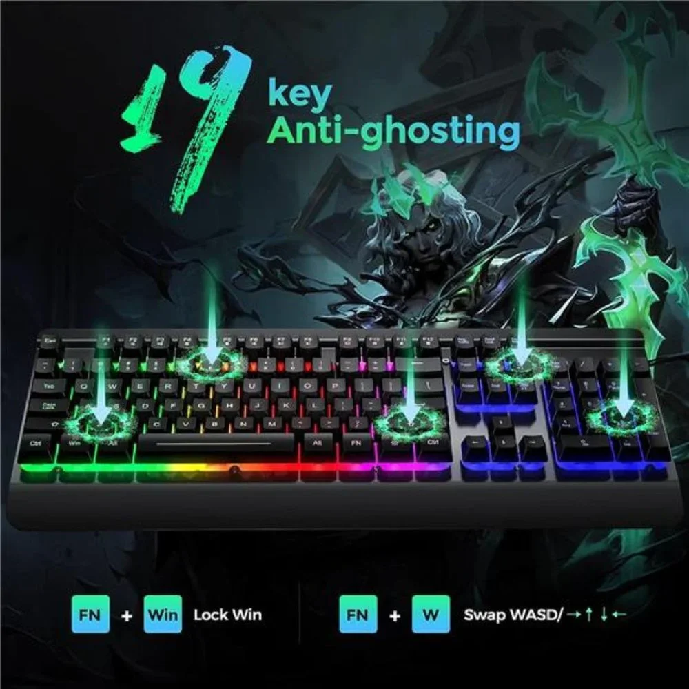 Gaming Keyboard, 104 Keys All-Metal Panel, Rainbow LED Backlit Quiet Keyboard